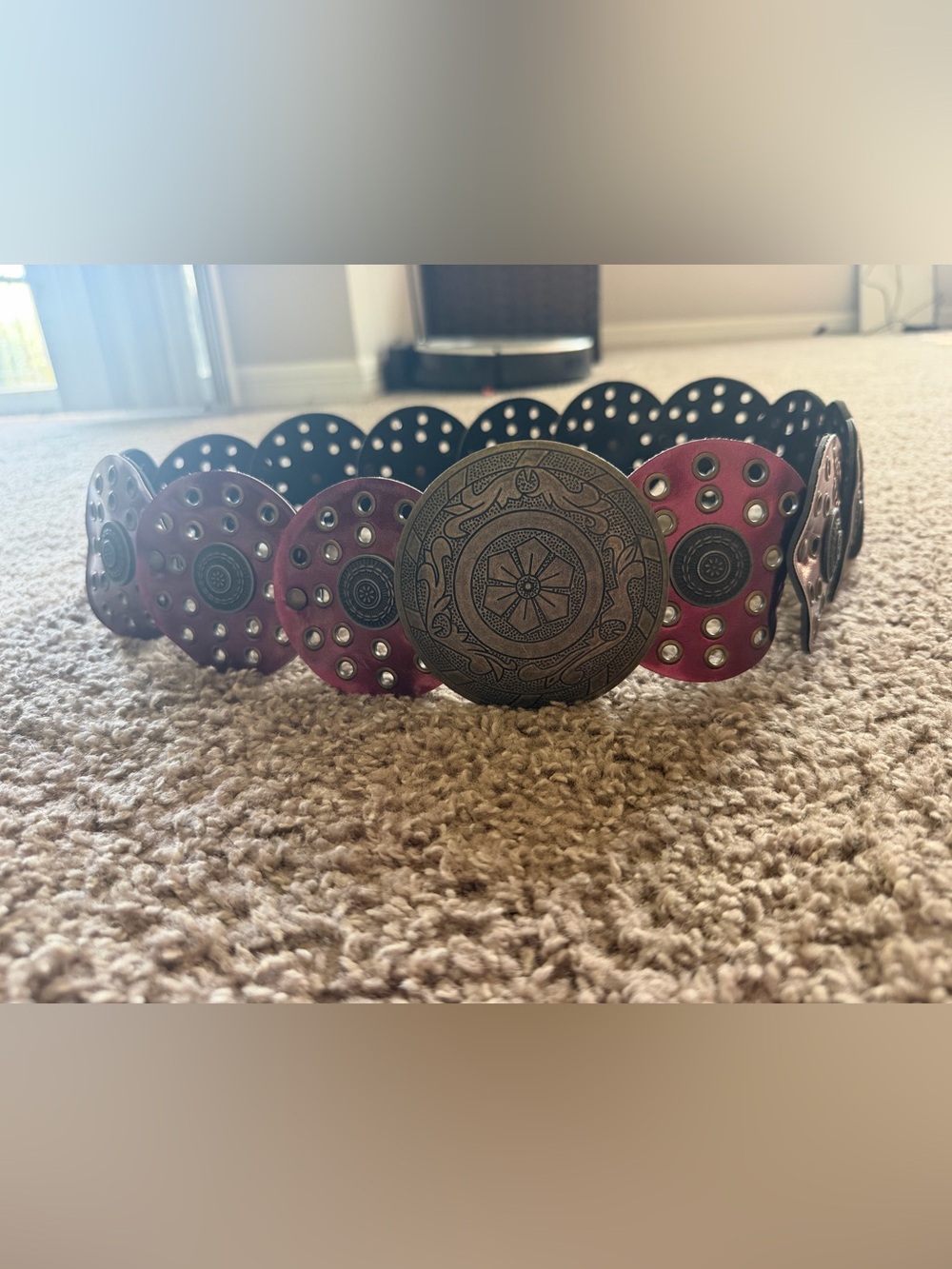 Red Studded Leather Concho Belt with Antique Brass Medallions